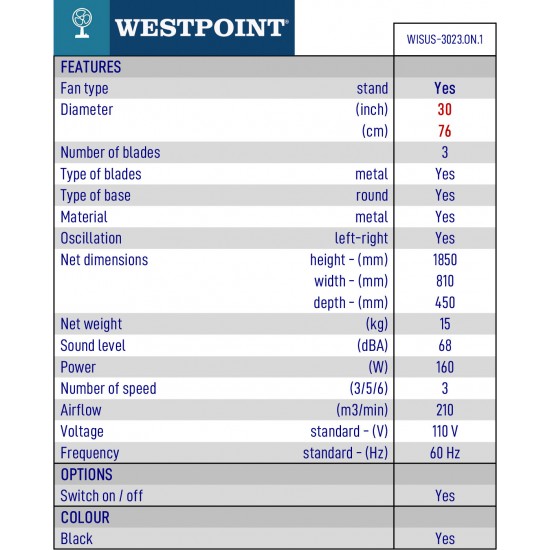 Ventilateur Commercial sur pied de 30 pouces/ 76cm 3 Vitesses Westpoint