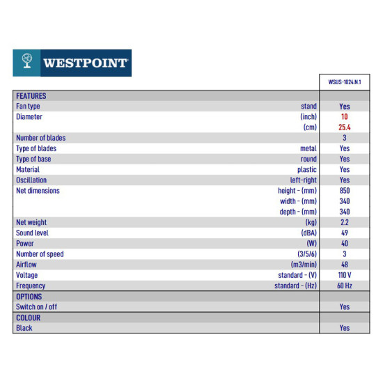 Ventilateur sur Pied de 10 pouces avec Base Ronde - Noir par Westpoint
