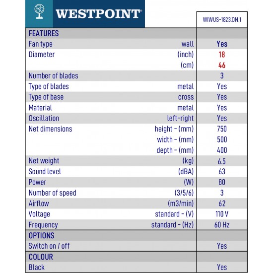 Ventilateur Mural Commercial de 18 pouces/ 46cm 3 Vitesses Westpoint