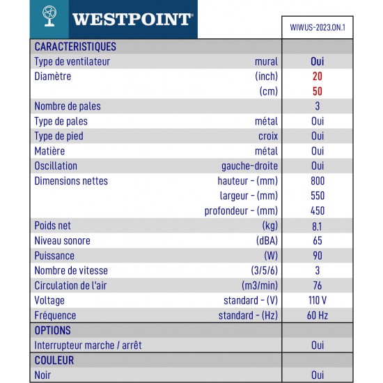 Ventilateur Mural Commercial de 20 pouces/ 50cm 3 Vitesses Westpoint