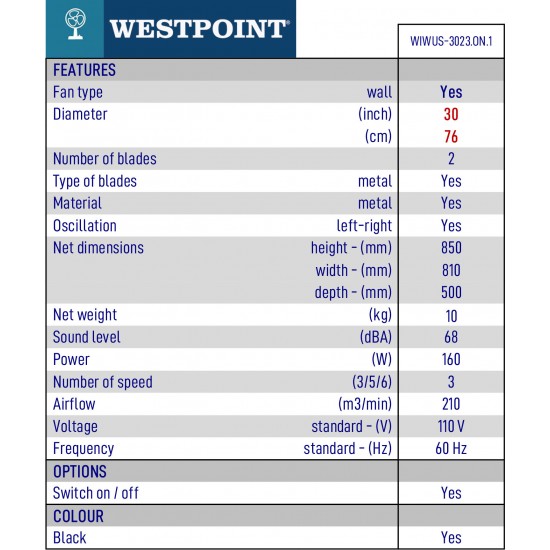 Ventilateur Mural Commercial de 30 pouces/ 76cm 3 Vitesses Westpoint