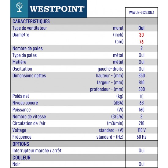 Ventilateur Mural Commercial de 30 pouces/ 76cm 3 Vitesses Westpoint