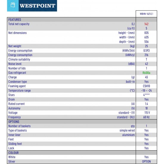 Congélateur Coffre 5 pi³/142 L - Cuve en Aluminium - avec Serrure Westpoint