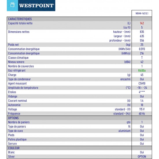 Congélateur Coffre 5 pi³/142 L - Cuve en Aluminium - avec Serrure Westpoint