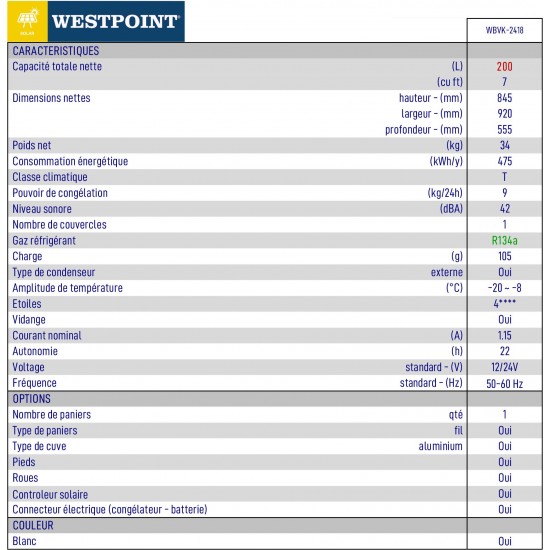 Congélateur Solaire de 7cu ft/ 200L + Contrôleur Solaire + Câble de Connexion Westpoint