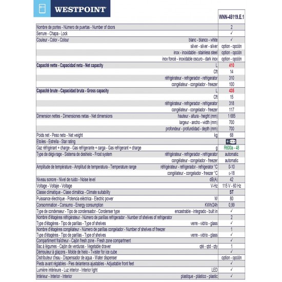 WNN-45119.E.1 - Réfrigérateur No-Frost 14 Cuft Blanc 2 Portes Westpoint