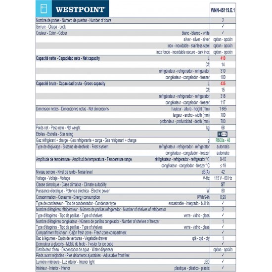 WNN-45119EI - Réfrigérateur No-Frost 14 Cuft Silver 2 Portes Westpoint