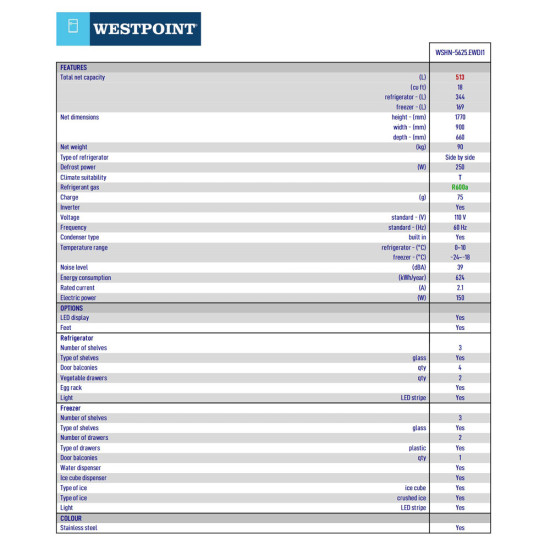 Réfrigérateur-distributeur à deux portes côte à côte de 18 pieds Cube- Acier Inoxydable par Westpoint