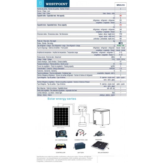 Réfrigérateur Solaire de 9pi³/ 260L Blanc de 2 Portes - Froid Statique + Contrôleur de Charge Westpoint