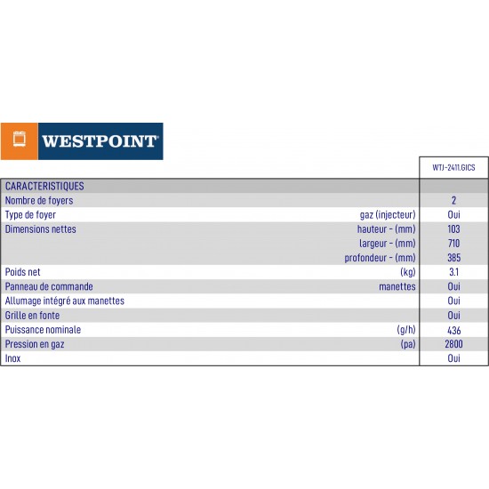 Cuisinière au Gaz Propane à Allumage Automatique à 2 Brûleurs en Fonte Westpoint