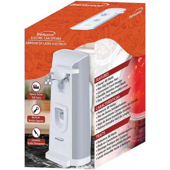J-30W Tall Electric Can Opener with Knife Sharpener & Bottle Opener, White Brentwood