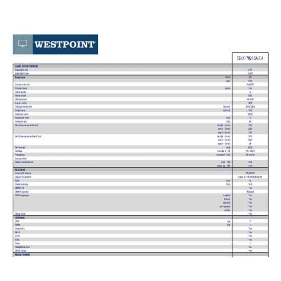 Téléviseur intelligent à diode électroluminescente 75" par Westpoint
