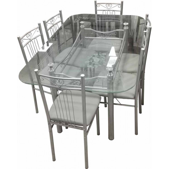 A02B08-16/ZM-5 - Dining Table Set 7 Pieces (1 Table - 6 Chairs) Silver - Clear Glass	