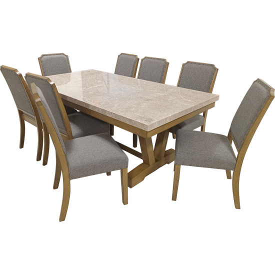 Dinette en Marbre de 9 Pièces (1 Table et 8 Chaises avec Coussins) - Chêne Véritable à Motif Floral Doré