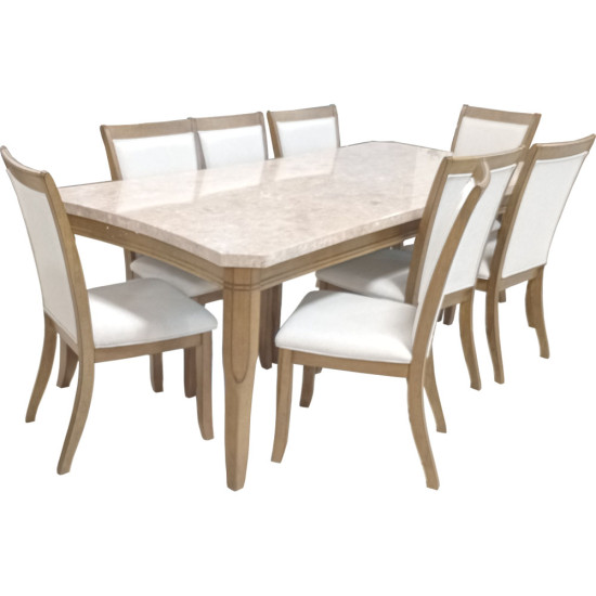 Dinette en Marbre 9 Pièces (1 Table et 8 Chaises avec Coussins) - Nuage/Véritable Fleur Dorée