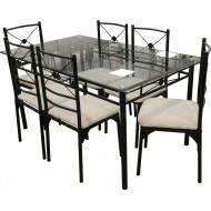 DS25062G - Dining Table Set 7 Pieces (1 Table - 6 Chairs) - Black Tube In Clear Temper				