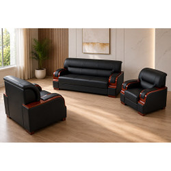 Jeu de Canapé en Cuir 3 Pièces (1 Canapé - 2 Fauteuils)- Noir