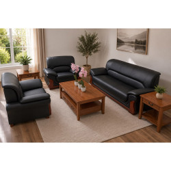 Jeu de Canapé en Cuir 3 Pièces (1 Canapé - 2 Fauteuils)- Noir