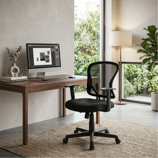 Chaise de Bureau à Dossier Haut avec Accoudoirs, en Tissu Maillé– Noir