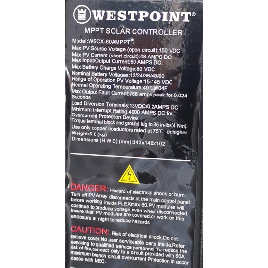WSCX-60A - MPPT Charge Controller 60 Amps / 150 Volts DC by Westpoint	