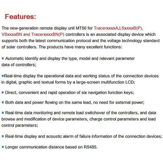 MT50 - LCD Display Remote Meter for Tracer AN TRIRON N Tracer-BN VS LS-B Series MPPT/PWM Solar Controller EPEVER